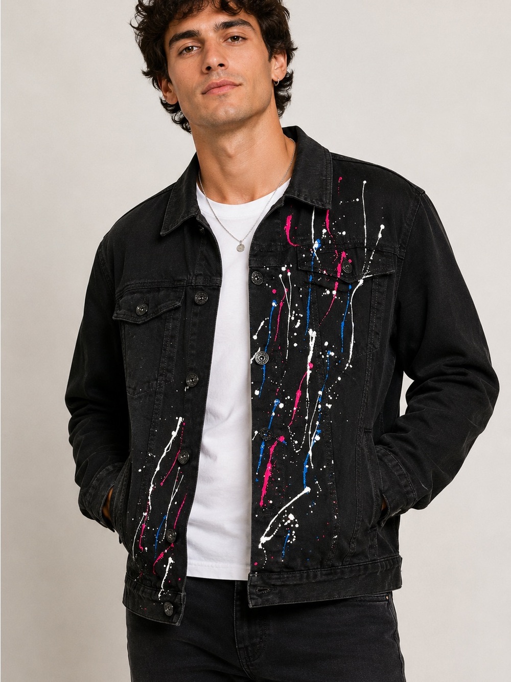 Black Pike Jacket Size XL Black Paint-Splatter Denim Shirt Jacket
